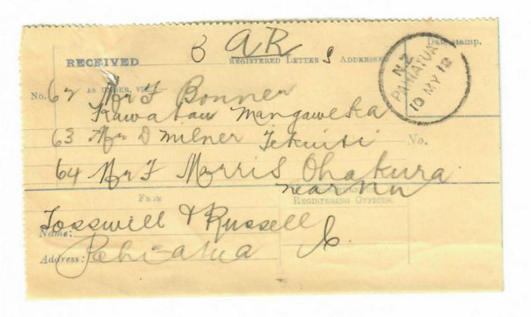 NEW ZEALAND 1912 Registered Letter Receipt issued at PAHIATUA. - 30002 - PostalHist image 0