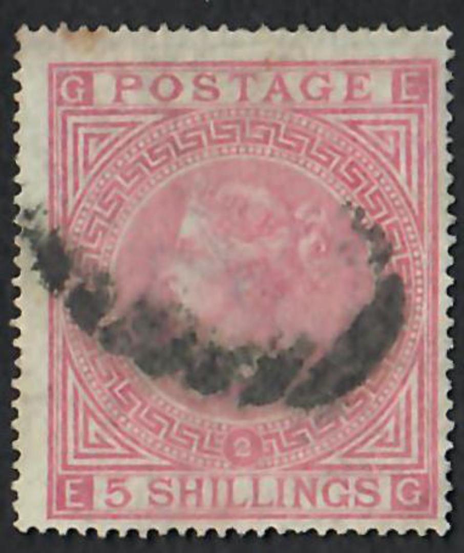 GREAT BRITAIN 1867 5/- Pale Rose. Plate 2. Letters GEEG. Fresh colour. Centred south east. Postmark smudged but still better tha image 0