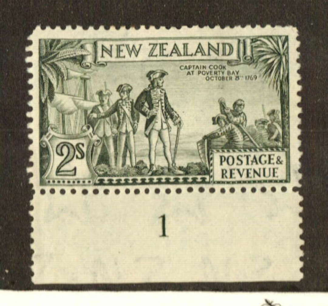 NEW ZEALAND 1935 Pictorial 2/- Green. Perf 12½. Woodpulp Coarse Paper. With Plate Number attached. - 74685 - Mint image 0