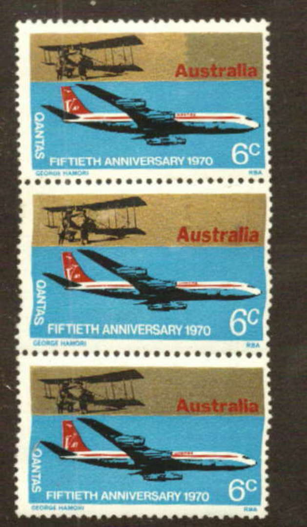 AUSTRALIA 1970 50th Anniversary of Qantas Airline. Three copies of the 6c value with the top stamp showing a flaw in the Gold Pr image 0