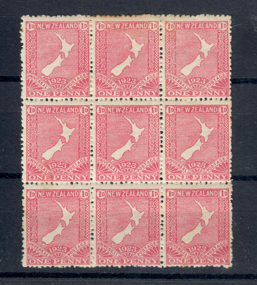 NEW ZEALAND 1923 Definitive 1d Map on Cowan Unsurfaced Paper. Block of 9 in excellent never hinged condition. - 21030 - UHM image 0