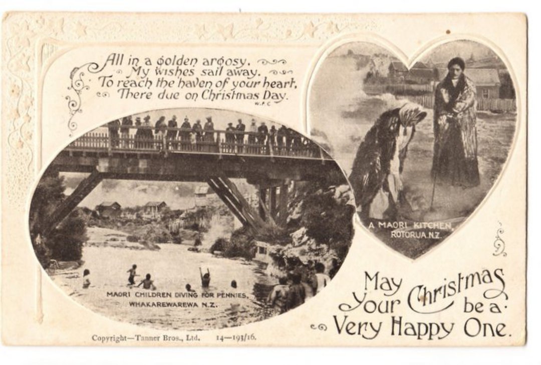 Christmas postcard of Maori Chidren diving and Maori Kitchen. 1917. - 246080 - Postcard image 0