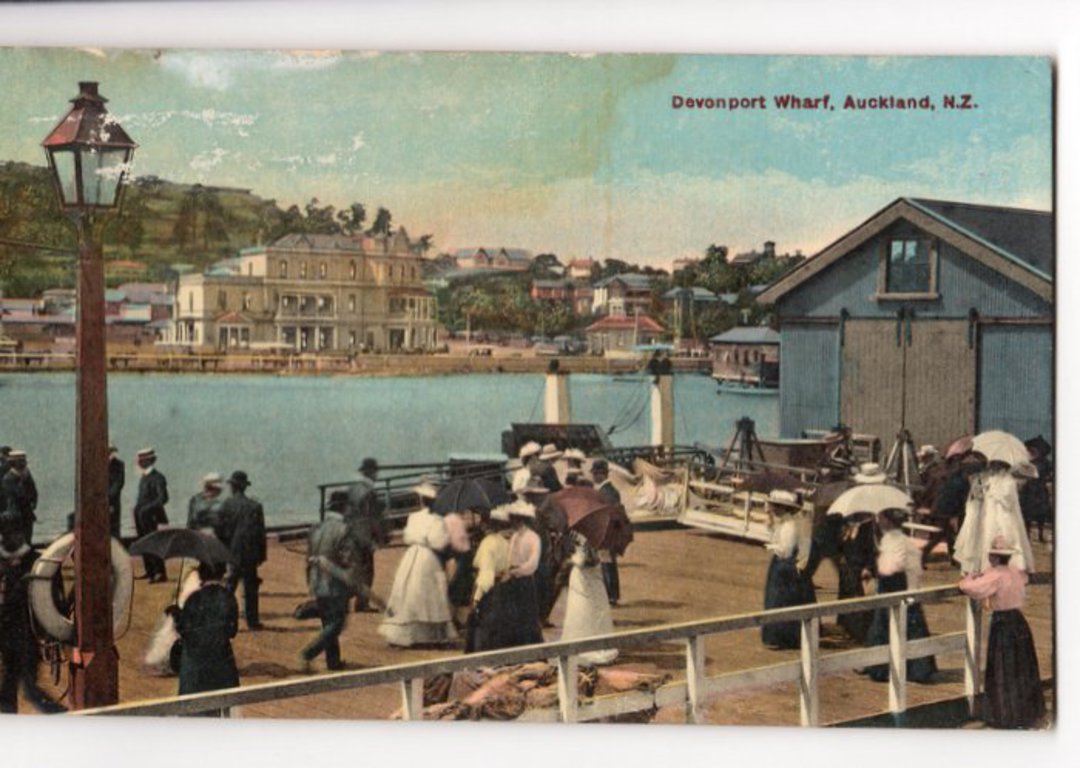 Coloured postcard of Devonport Wharf Auckland. Plenty of action. - 45067 - Postcard image 0