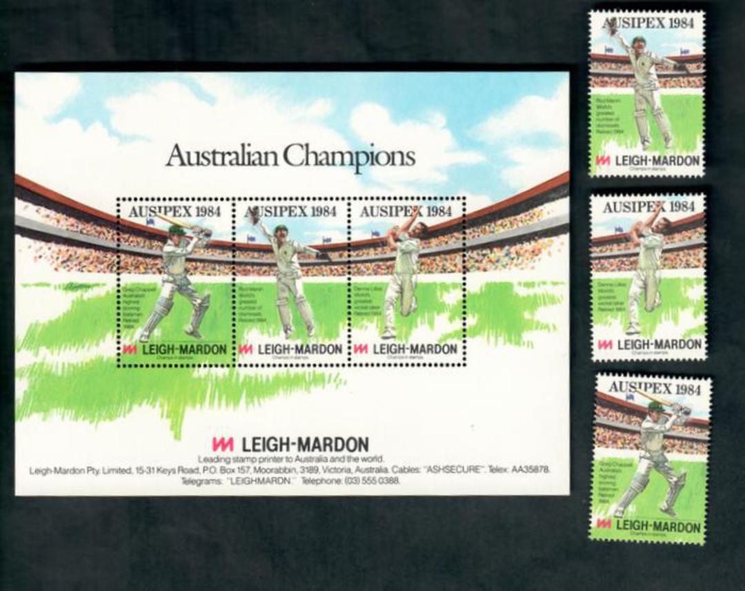 AUSTRALIA 1984 Leigh-Mardon Cinderella for Auspex'84 featuring Cricket. Set of 3 and miniature sheet. - 50215 - UHM image 0