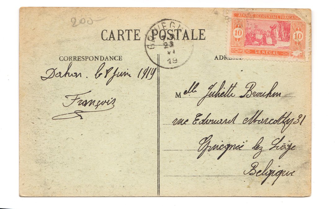 SENEGAL 1919 Carte Postale of Hotel de Ville Dakar sent from Guinguineou?  to Belgium. - 38194 - PostalHist image 0