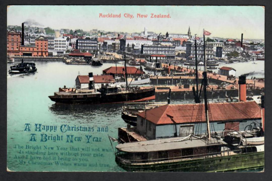 Coloured Postcard of (the Wharves) Auckland City. Overprint for Christmas. - 45249 - Postcard image 0