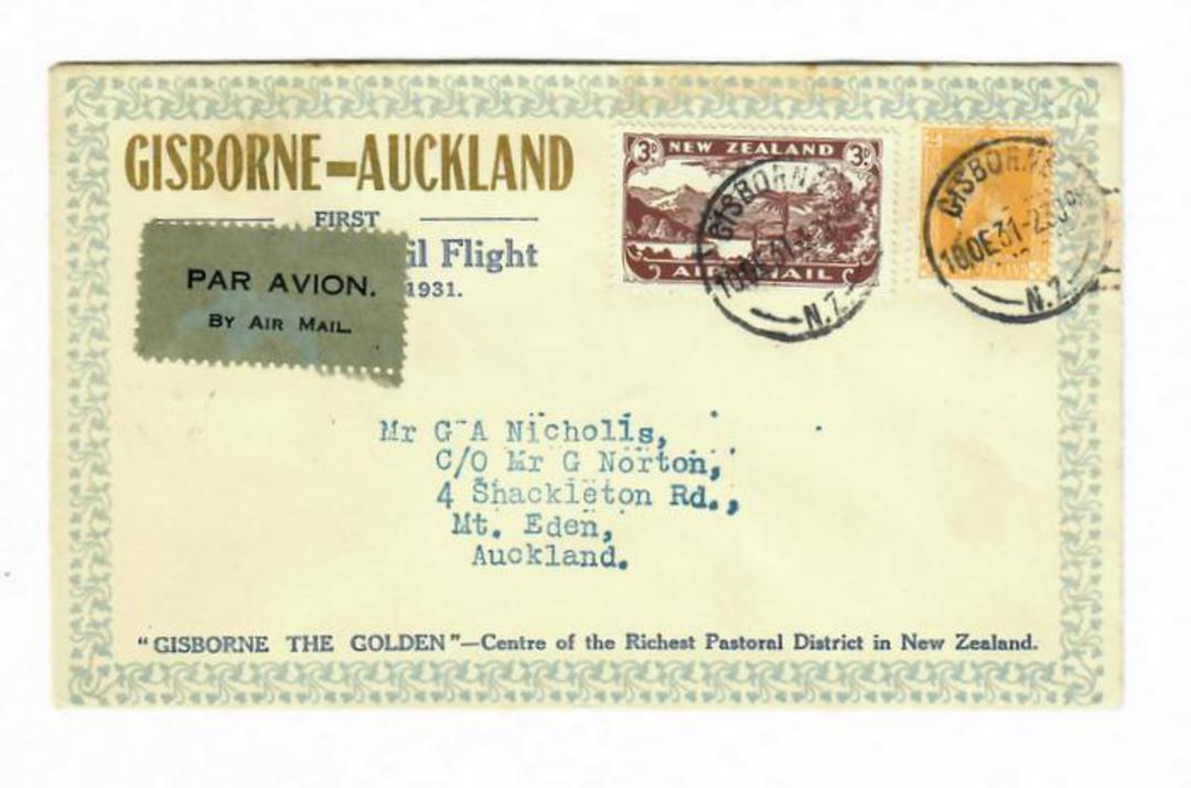 NEW ZEALAND 1931 First Flight from Gisborne to Auckland with 3d Brown Air and 2d Yellow Geo 5th. Typed address. Advertising cove image 0