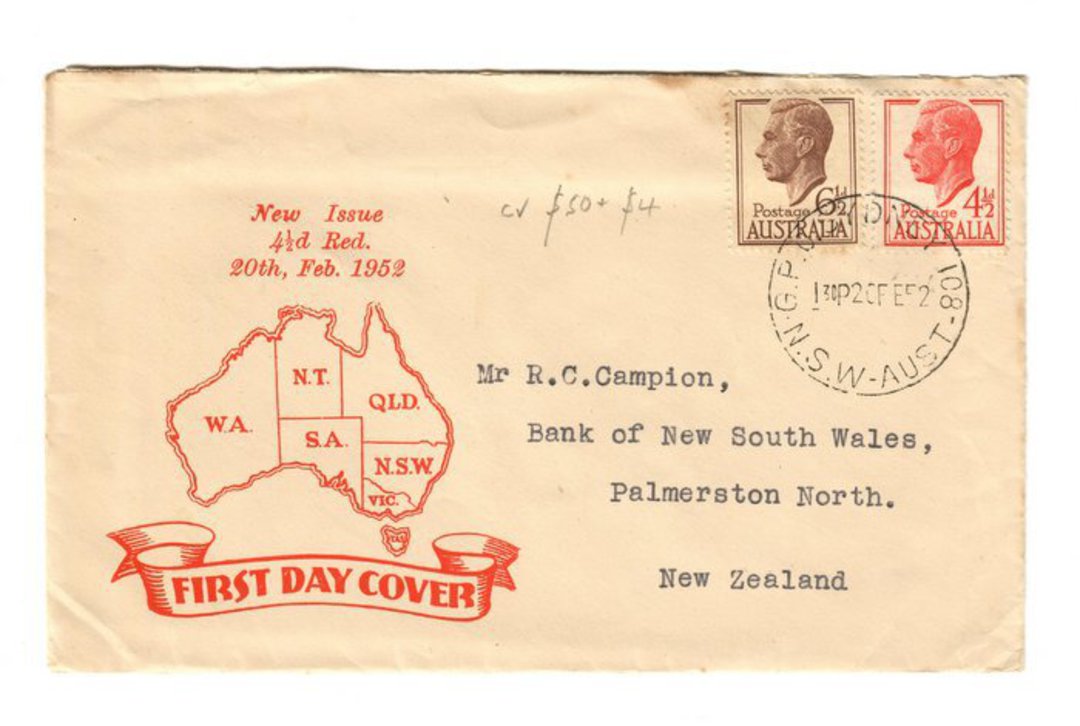 AUSTRALIA 1950 Geo 6th Definitive 6½d Brown on illustrated first day cover. - 38282 - FDC image 0