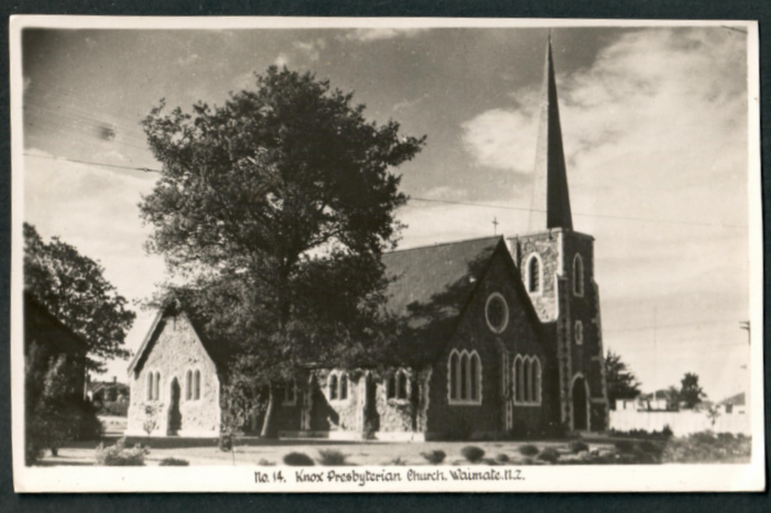 Real Photograph by A B Hurst & Son of Knox Presbyterian Church Waimate. - 48574 - Postcard image 0