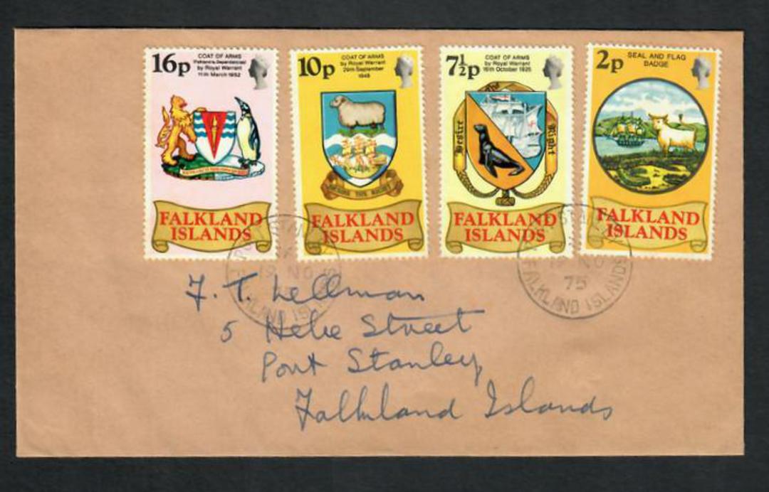 FALKLAND ISLANDS 1975 50th Anniversary of the Falkland Island Heraldic Arms. Set of 4 on first day cover. - 31906 - FDC image 0