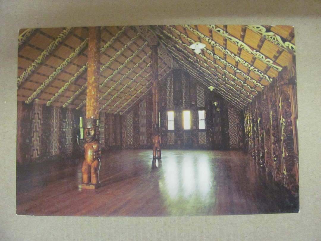 Modern Coloured Postcard by Gladys Goodall of the interior of Whare-Runanga Waitangi. - 444262 - Postcard image 0