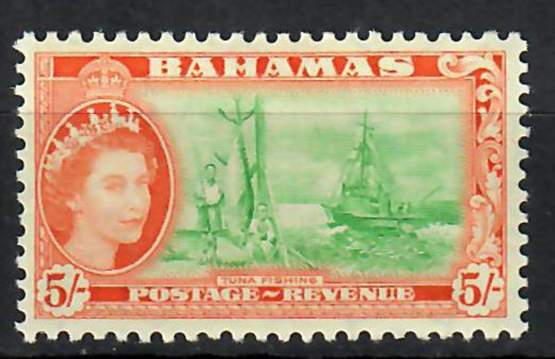 BAHAMAS 1954 Elizabeth 2nd 5/- Bright emerald and Orange. Tuna Fishing. Hinge remains. - 70484 - Mint image 0