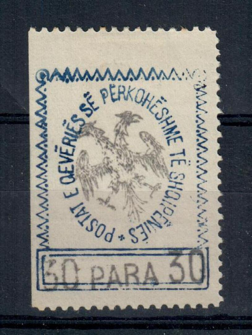 ALBANIA 1913 30 para in blue initialled on back" Bk" in fancy script. On laid paper from edge of sheet. - 21412 - Mint image 0