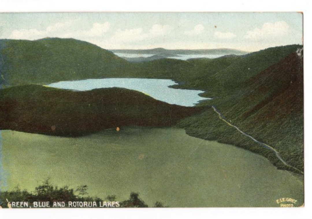 Coloured postcard of Green Blue and Rotorua Lakes. - 45991 - Postcard image 0