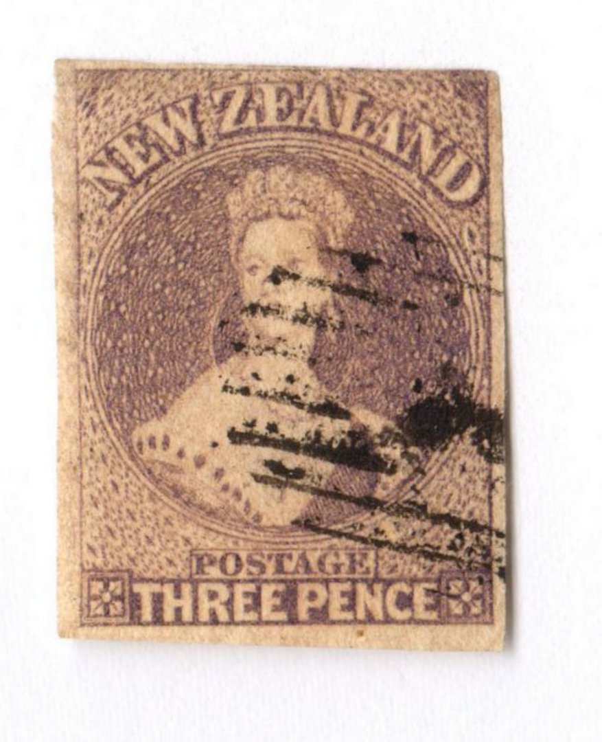 NEW ZEALAND 1855 Full Face Queen 3d Brown-Lilac. Three good margins. Touching right top. - 39155 - Used image 0