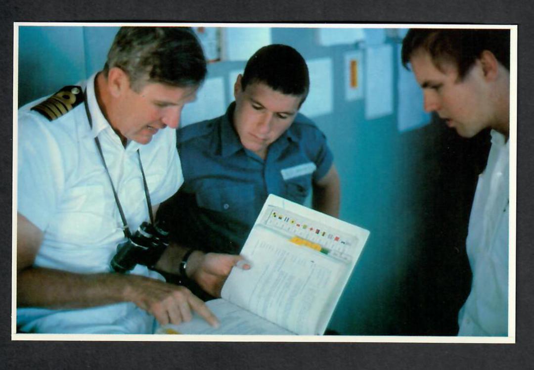 War in the South Atlantic. Coloured postcard. Troop Ship Canberra. A senior nval officer briefs a naval signaller. - 44130 - Pos image 0
