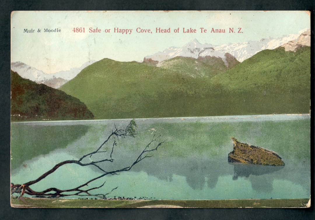 Coloured postcard of Safe or Happy Cove Head of Lake Te Anau. The reverse is poor. - 49359 - Postcard image 0