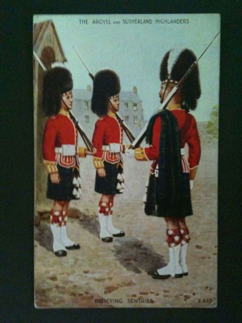 Coloured postcard by Valentines of the Argyll and Sutherland Highlanders, Relieving Sentries. Art card. - 40026 - Postcard image 0