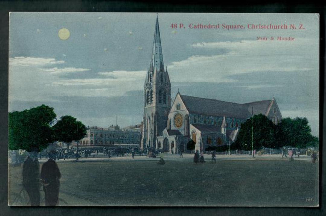 Postcard by Muir & Moodie of Cathedral Square Christchurch (at night). - 48532 - Postcard image 0