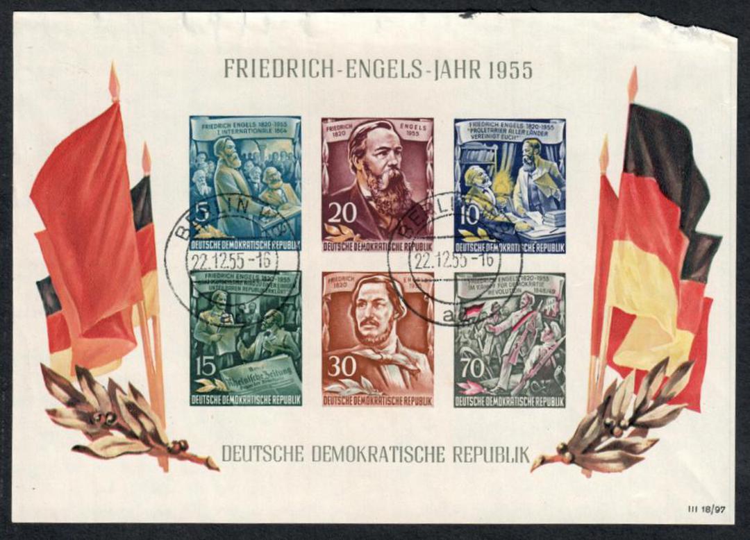 EAST GERMANY 1955 135th Anniversary of the Birth of Engels. Miniature sheet. Damage at top but presentable. - 55842 - FU image 0