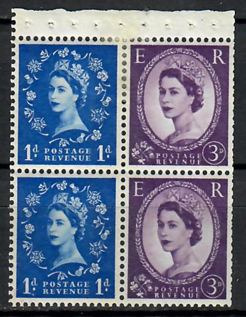 GREAT BRITAIN 1953 Elizabeth 2nd Definitive Booklet Pane 1d and 3d. Watermark multiple crowns. 1d values at left. - 70726 - Mint image 0