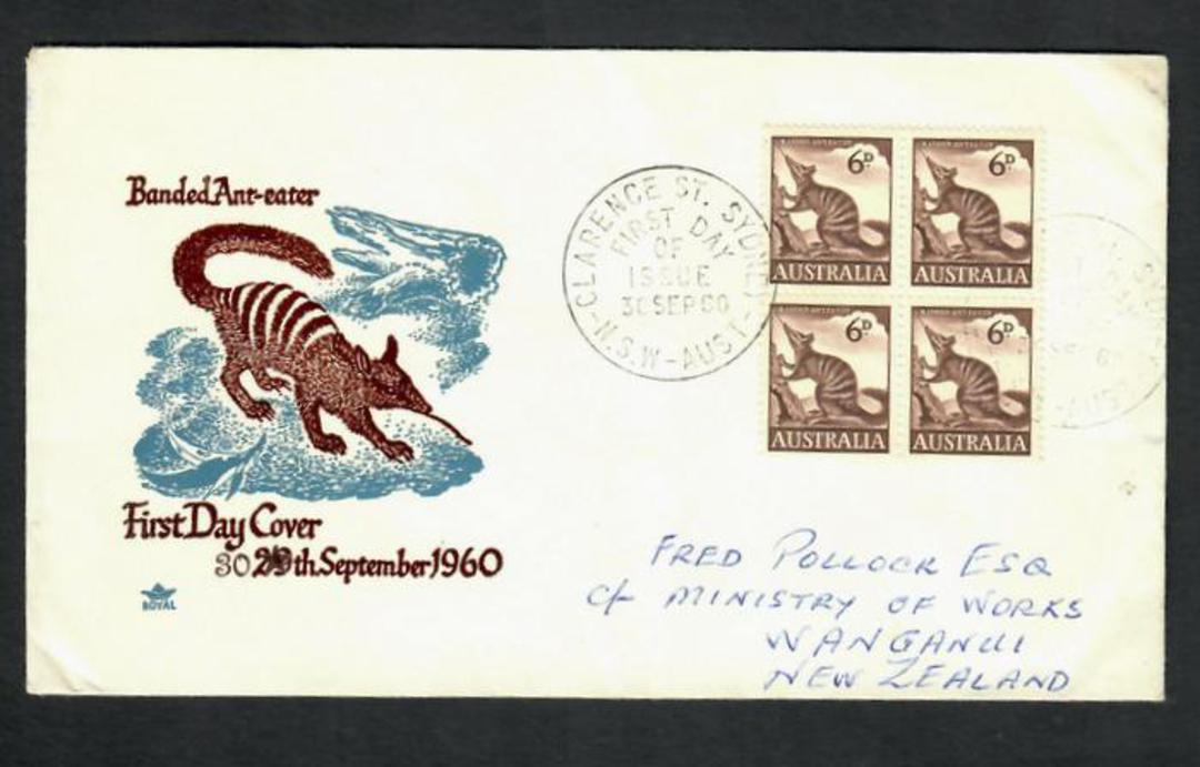 AUSTRALIA 1959 Definitive 6d Brown-Banded Anteater. Block of 4 on illustrated first day cover. - 32204 - FDC image 0