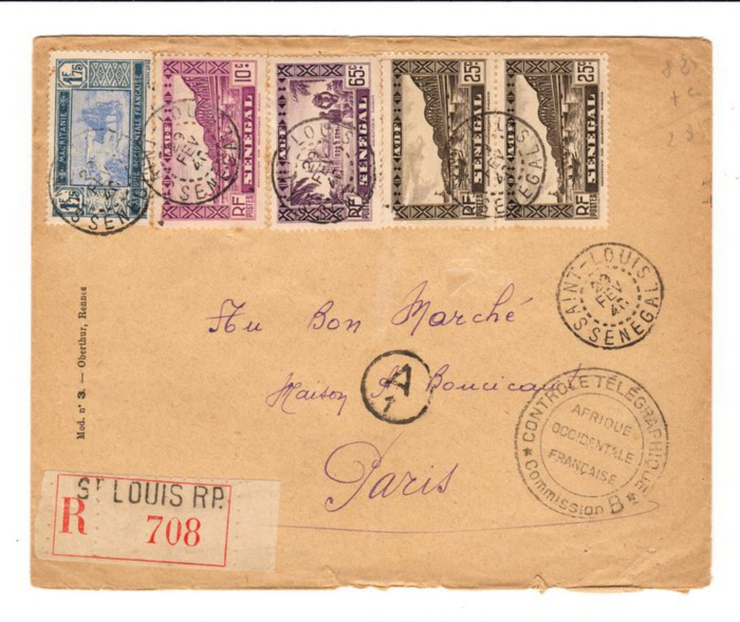 SENEGAL 1944 Registered Airmail Letter from St Louis to Paris. Two interesting postal markings. - 537513 - PostalHist image 0
