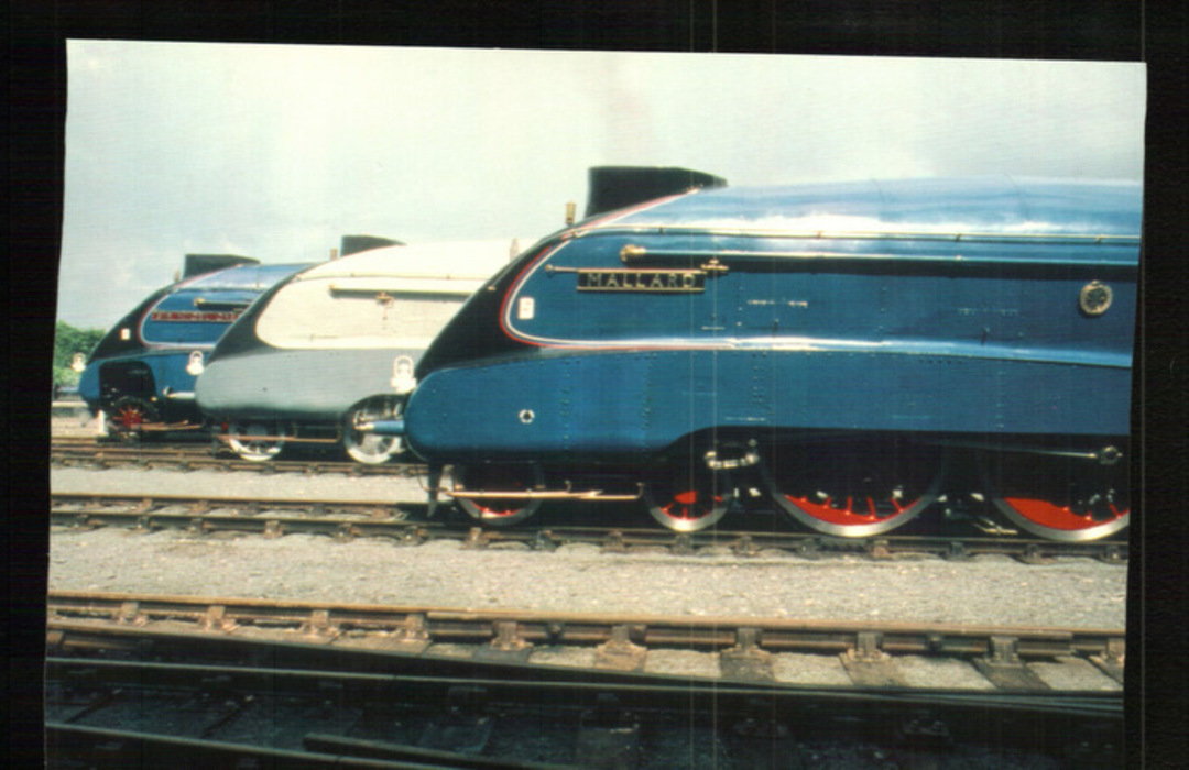 Modern Coloured Postcard. Line-up of LNER A4 Pacifics #4498 Sir Nigel Gresley, #4464 Bittern and #4468 Mallard. - 440016 - Postc image 0