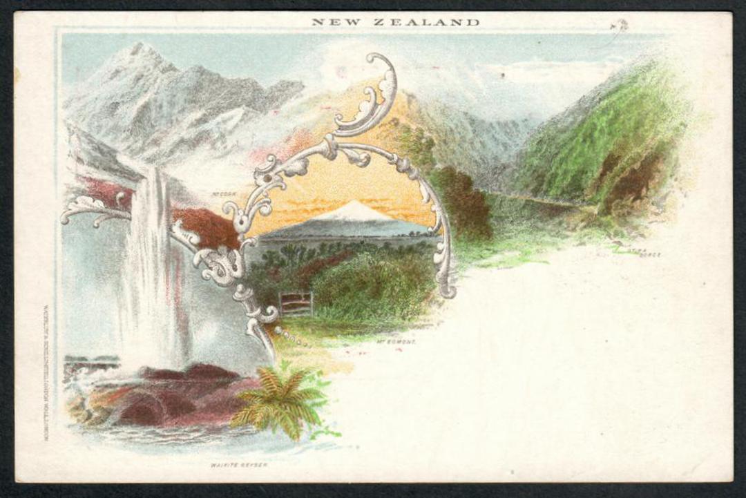 NEW ZEALAND 1897 Victoria 1st Postal Stationery Postcard 1½d Carmine with coloured view of Mt Cook Pohutu Geyser Otira Gorge and image 1
