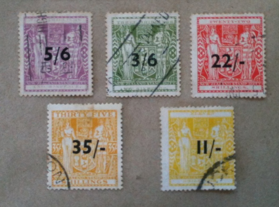 NEW ZEALAND 1939  Surcharges on fiscals set of 5. All postally used. Some slight perf imperfections but no thins. A fine set.Cat image 0