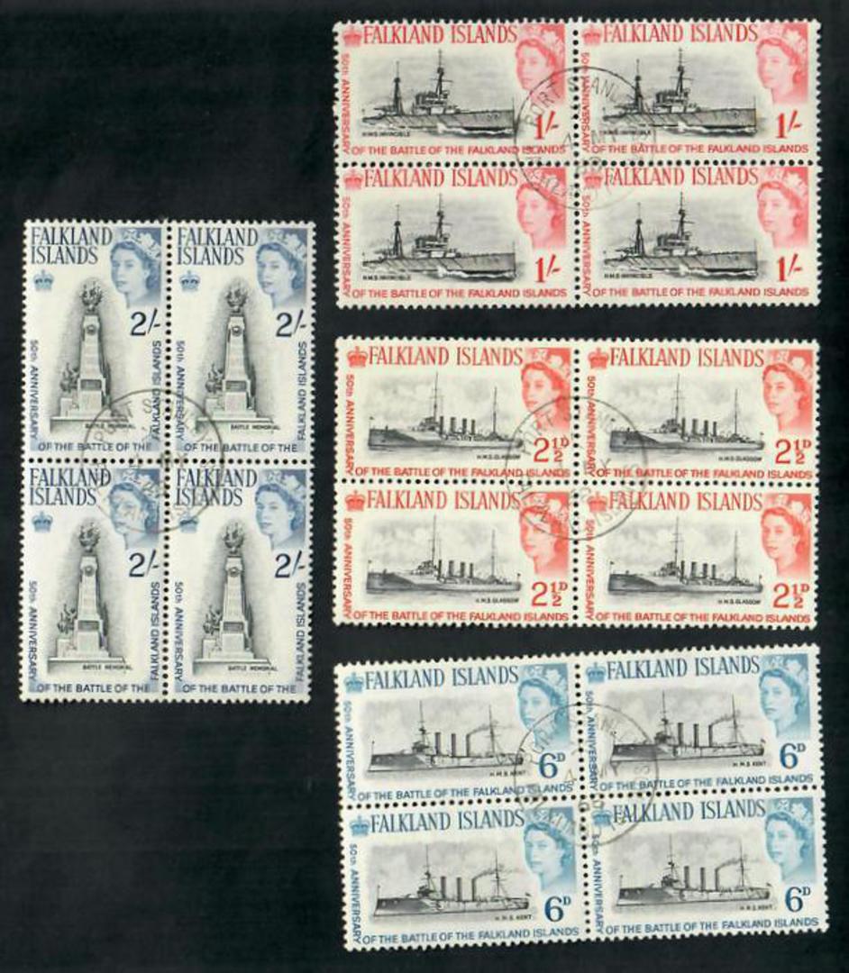 FALKLAND ISLANDS 1964 50th Anniversary of the Battle of the Falkland Islands. Set of 4 in blocks of 4. Perfect copies. - 20149 - image 0