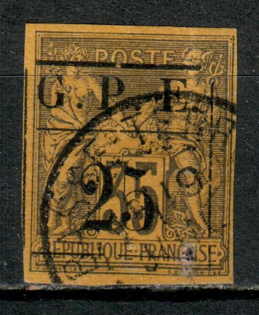 GUADELOUPE 1884 Definitive Surcharge on Type H of French Colonies (General Issues) 25c Black on orange. Four margins. The slug f image 0