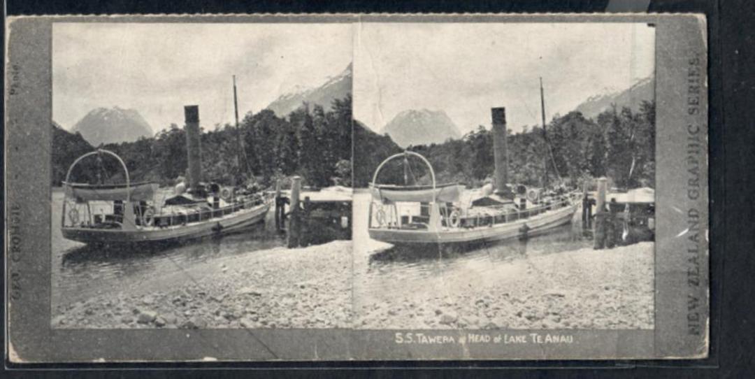 Stereo card New Zealand Graphic series of S S Tawera at the head of Lake Te Anau. - 140040 - Postcard image 0