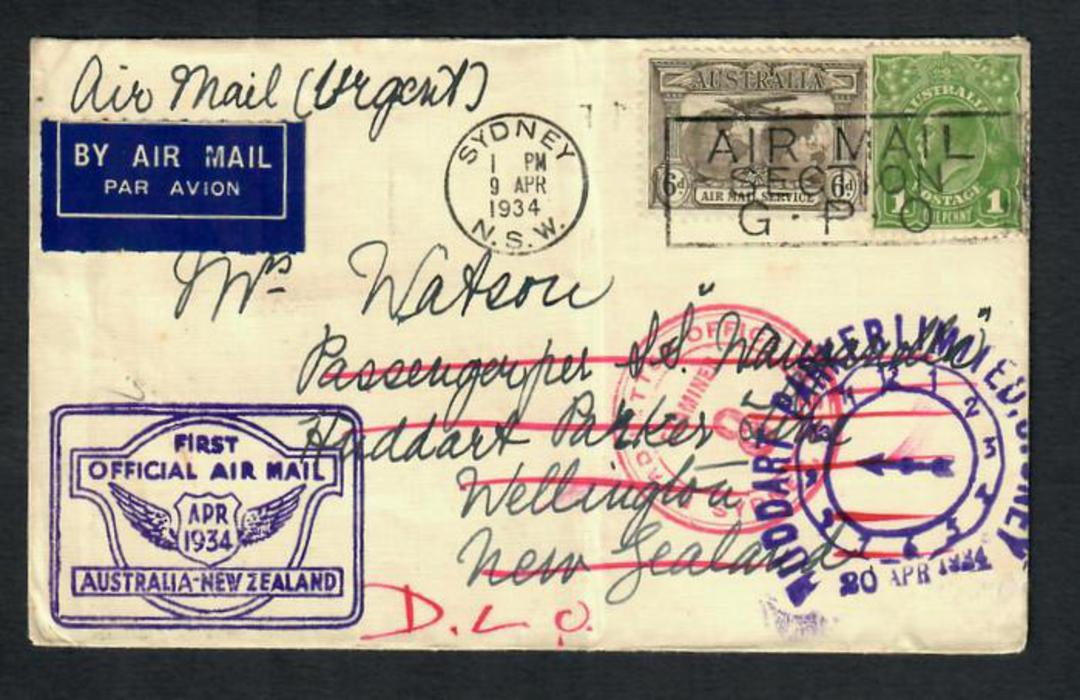 AUSTRALIA 1934 Letter from Sydney to Wellington carried on the First Official Airmail April 1934. Cachets "Hudson Parker Limited image 0