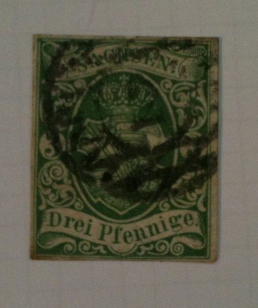 SAXONY 1851 Definitive 3pf Green. White paper. Four margins. Postmark a little heavy. - 76009 - Used image 0