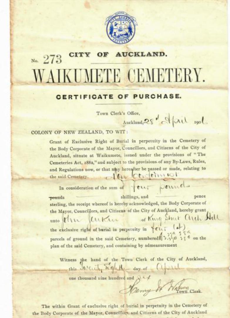 NEW ZEALAND 1906 Certificate of Purchase of Plot at Waikumete Cemetary. Showing its age. - 30098 - PostalHist image 0