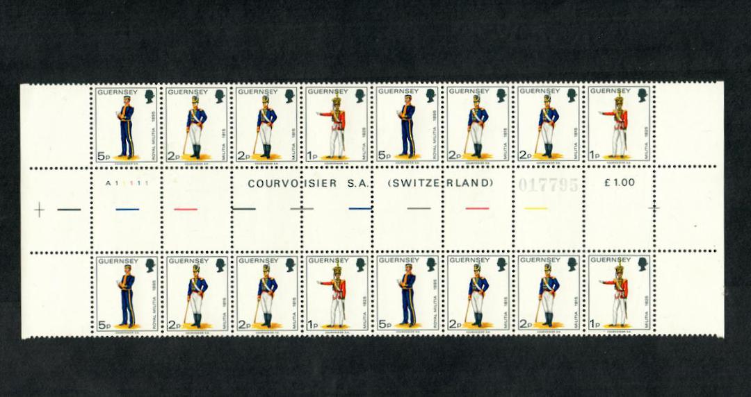 GUERNSEY 1974 Definitives. 4 booklet strips each of 4 in a block separated by gutter from the booklet sheet. Refer note in Stanl image 0