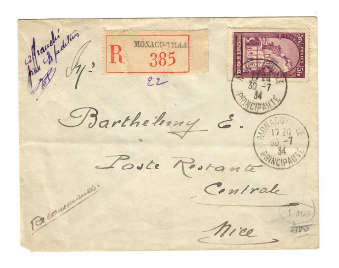 MONACO 1934 Registered Letter from Monaco-Ville to Nice. image 0