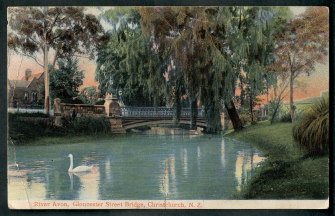 Coloured postcard of River Avon Gloucester Street Bridge Christchurch. - 48448 - Postcard image 0