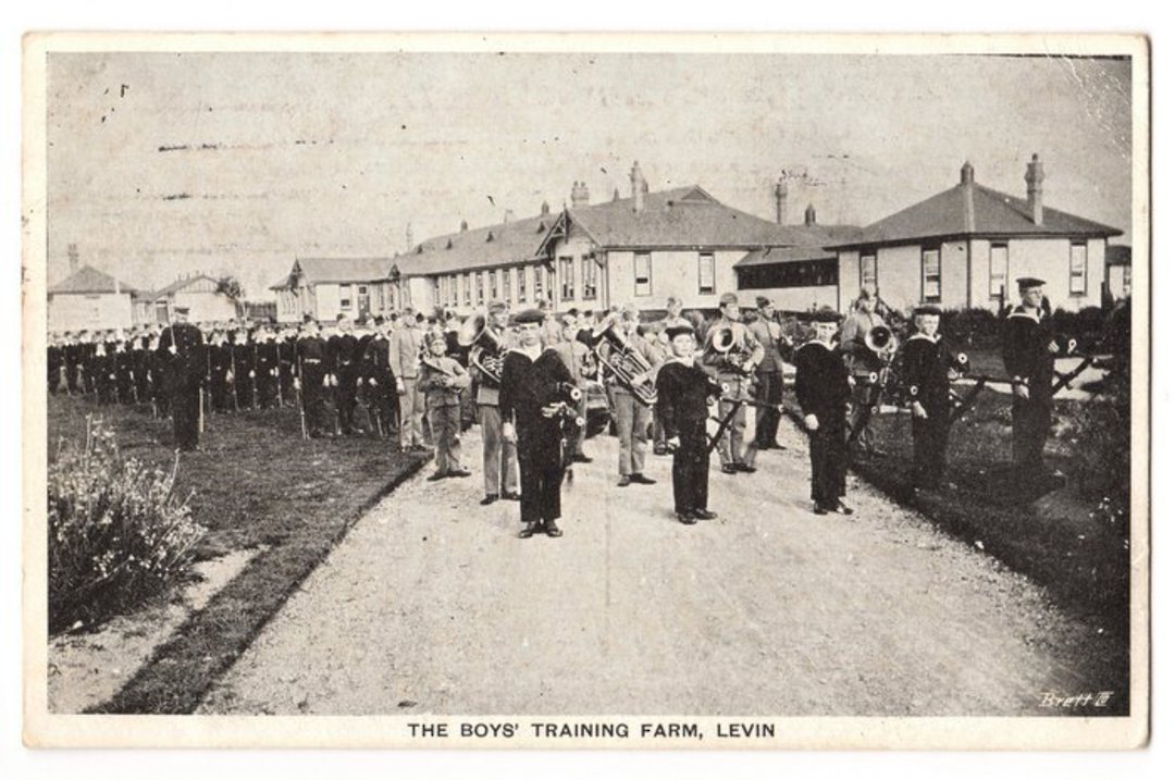 Postcard by Brett of Boys Training Farm Levin. The band marching. 28/6/1910. - 69537 - Postcard image 0