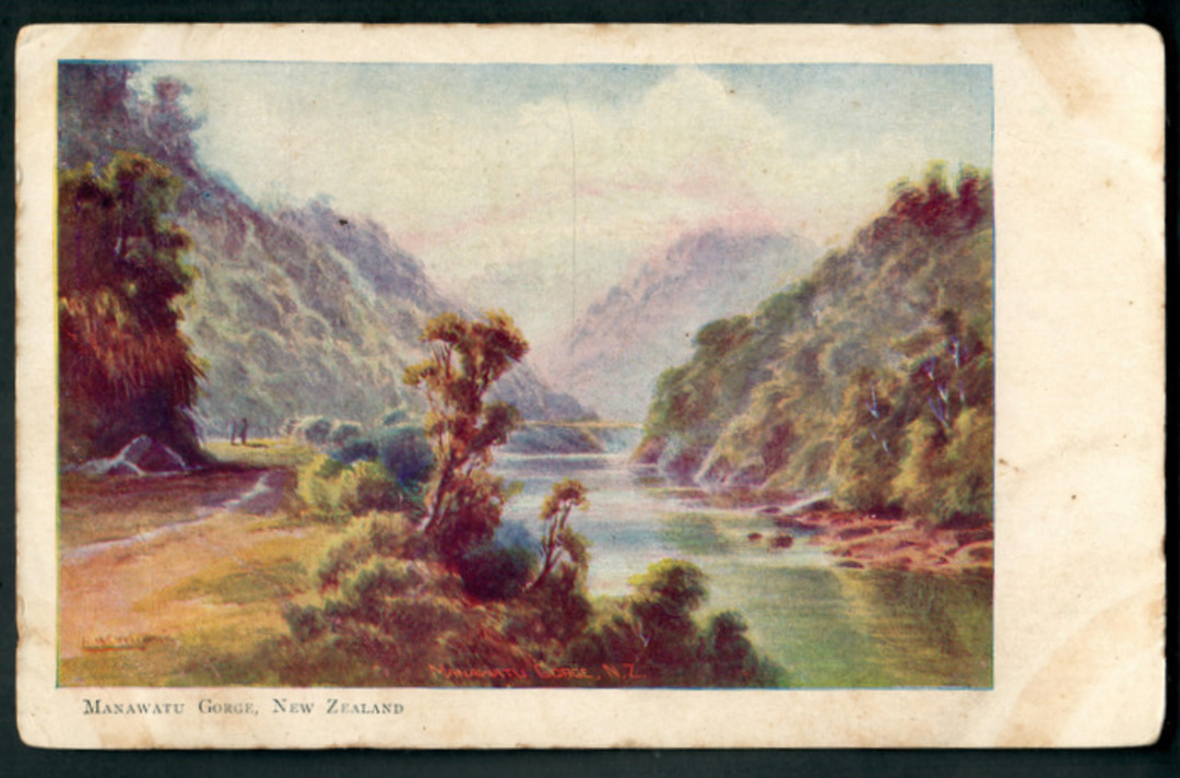 Coloured postcard of the Manawatu Gorge. - 47217 - Postcard image 0