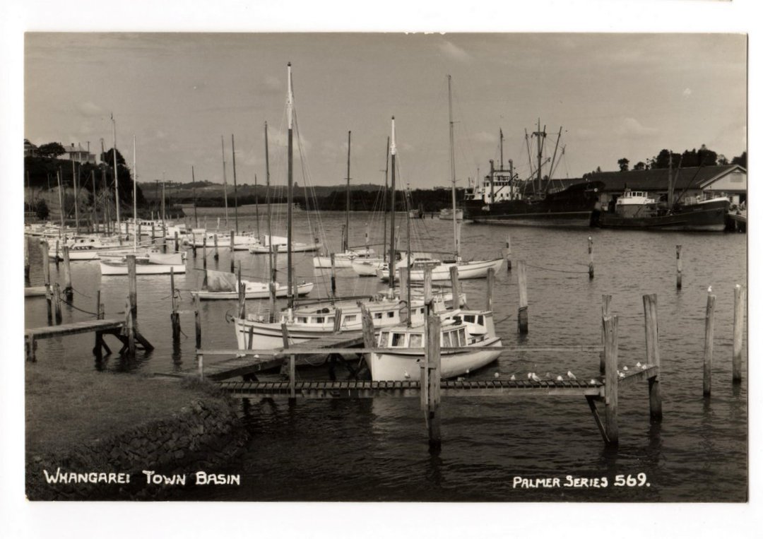 Real Photograph by T G Palmer & Son of Whangarei Town Basin. Superb Yachts at anchor in the foreground. - 44843 - Postcard image 0