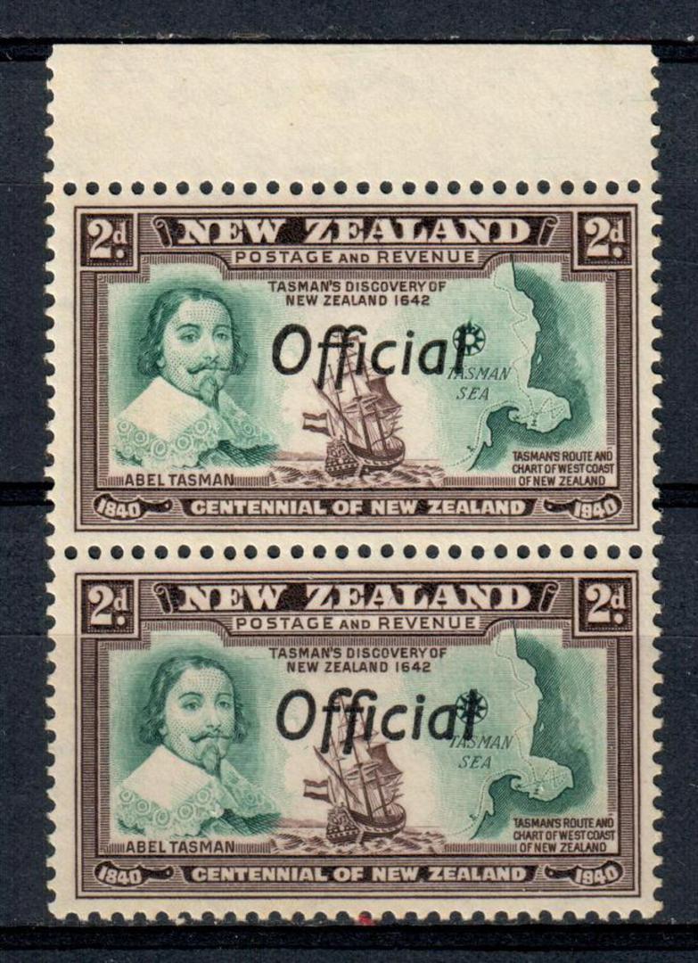 NEW ZEALAND 1940 Centennial Official 2d Abel Tasman. Joined FF in pair with normal. Post Office fresh and clean. - 75035 - UHM image 0