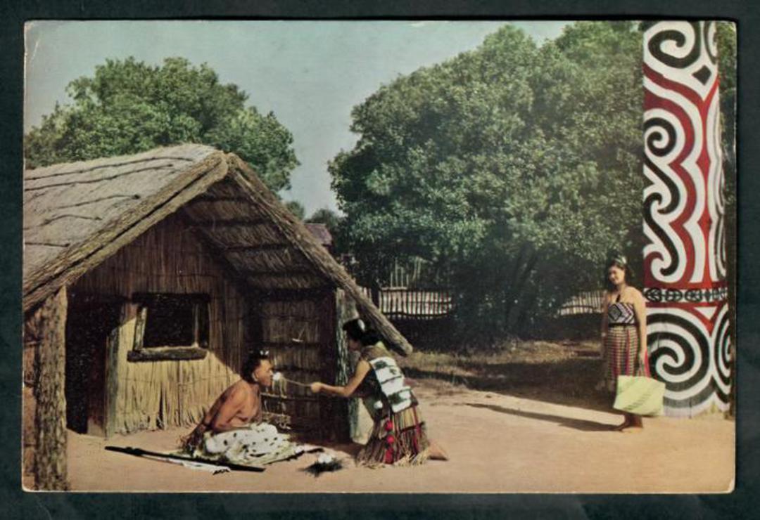 Coloured postcard of Feeding the Tohunga. - 49622 - Postcard image 0