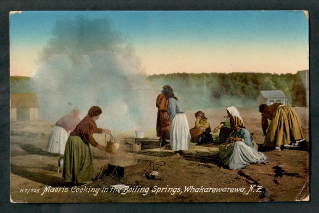 Coloured postcard of MaorisCooking in Boiling Springs Whakarewarewa. Dated 1915. - 49618 - Postcard image 0