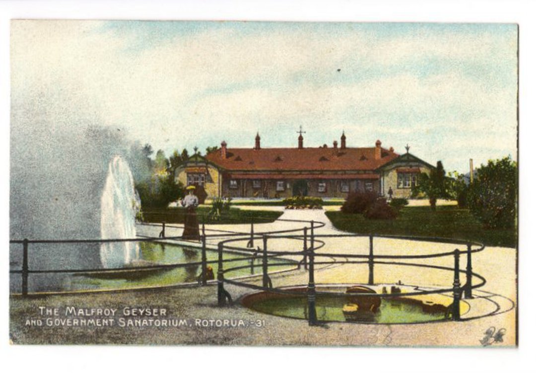 Coloured postcard of The Malfroy Geyser and Government Sanitorium. - 46223 - Postcard image 0
