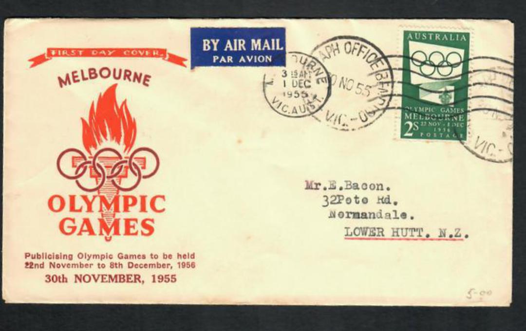 AUSTRALIA 1955 Olympics 2/- Green on first day cover. Postmarked at TELEGRAPH OFFICE. - 32202 - FDC image 0