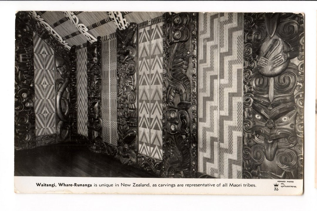 Real Photograph by Dawson of Whare-Runanga Interior Carvings. - 44815 - Postcard image 0