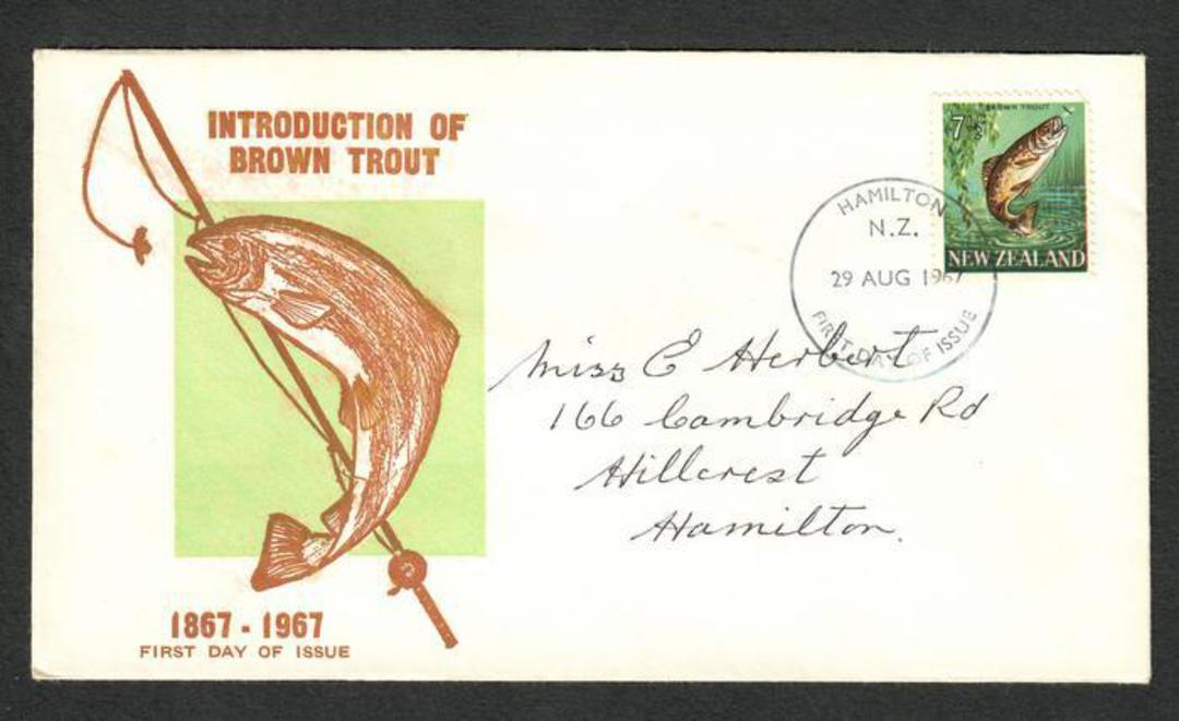 NEW ZEALAND 1967 Definitive 7½c Trout on two diierent illustrated first day covers. - 35089 - FDC image 0