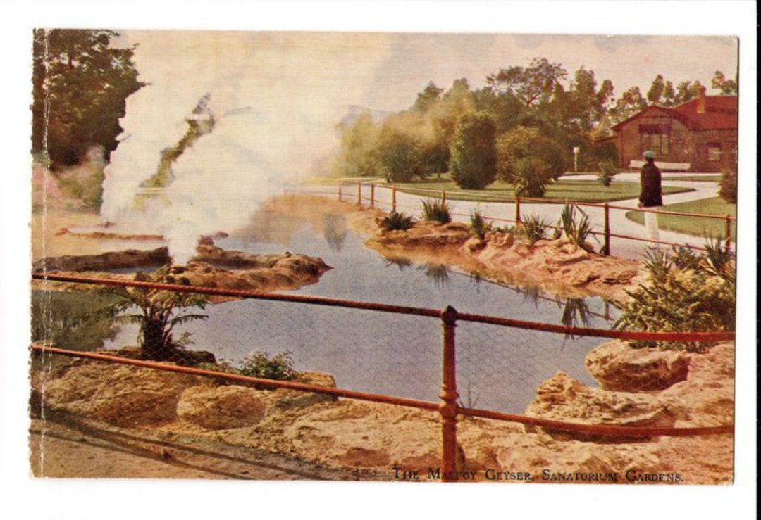 Coloured postcard of Malfroy Geyser Sanitorium Gardens. - 46082 - Postcard image 0